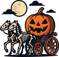 Fototapeta premium Halloween Pumpkin Carriage Pulled by Skeleton Horses Under a Full Moon vector illustration