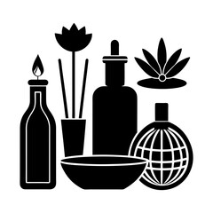 Black silhouette of spa and aromatherapy items including bottles bowl and floral elements in a still life