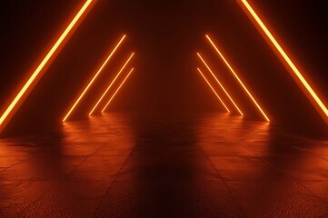 A futuristic scene featuring glowing orange neon triangular lines against a dark reflective surface, ideal for technology-themed marketing and content.