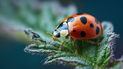 Close-up of a Vibrant Ladybug Resting on a Fresh Green Leaf Surrounded by Lush Nature Showcasing the Beauty of Insects in the Natural Environment