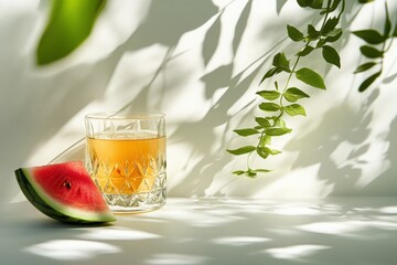 Refreshing Summer Drink with Watermelon Slice in Bright Sunlit Setting Surrounded by Green Foliage and Soft Shadows for Relaxation and Enjoyment