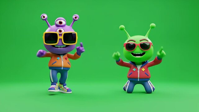 Funny Cheerful Aliens Breakdancing on Green Screen - Two 3D cartoon alien characters, one purple and one green, wearing sunglasses and sporty outfits, are shown breakdancing against a green screen