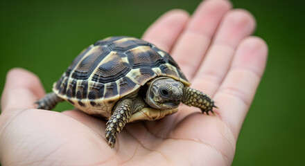 Obraz premium Image is a close-up photograph featuring a small tortoise resting on a human hand. The hand is positioned palm-up against a blurred green background, suggesting an outdoor setting. The tortoise has a 