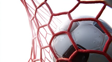 Soccer Ball Engulfed in Netting Surrounded by Bright Green Grass and a Clear Blue Sky Creating a Dynamic Scene of Sport and Competition in Action