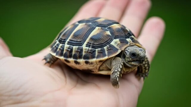 Image is a close-up photograph featuring a small tortoise resting on a human hand. The hand is positioned palm-up against a blurred green background, suggesting an outdoor setting. The tortoise has a 