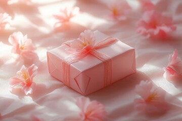 Soft Pink Gift Box Surrounded by Delicate Cherry Blossom Flowers on a Light Background, Perfect for Celebrations and Special Occasions in a Gentle, Dreamy Setting
