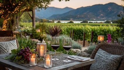Outdoor dining table with wine glasses, vineyard view