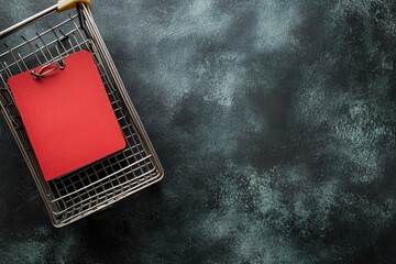 Small metal shopping cart with a red notebook resting on a textured dark background, symbolizing shopping, writing, creativity, and organized planning in modern life.