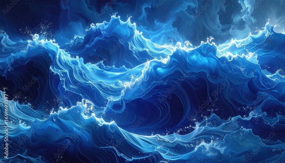 Poster a dynamic, abstract portrayal of powerful ocean waves, showcasing intricate patterns and luminous bl