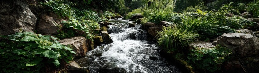 Obraz premium Cascading water over rocks in a lush garden