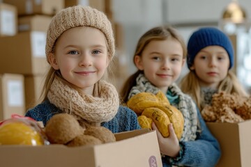 Three children smiling while holding boxes of food items in a cozy environment, showcasing kindness and community spirit during a charitable initiative or food drive.