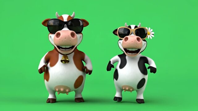 Funny Happy Dancing Cows Cartoon 3D Animation - Two cheerful 3D cartoon cows, one brown and white, the other black and white, are shown joyfully dancing and wearing sunglasses against a bright green