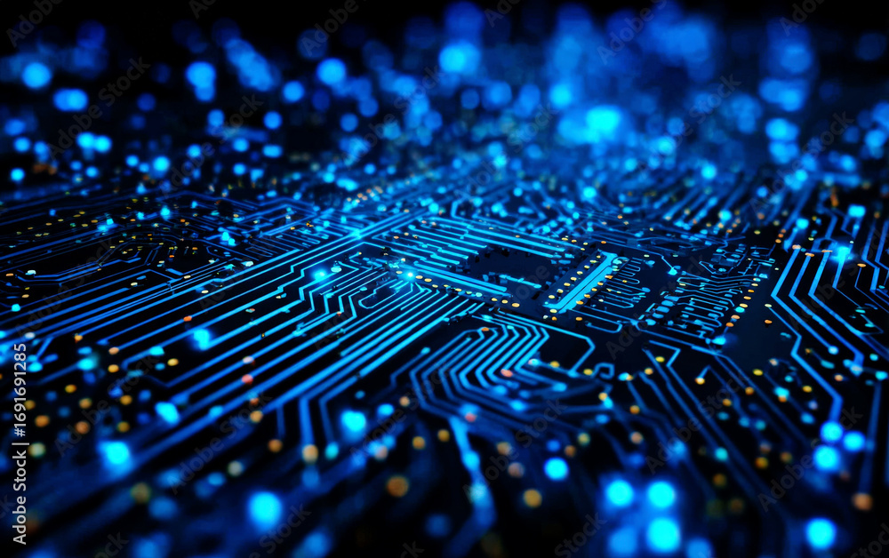 Poster close-up view of a blue computer circuit board with glowing elements