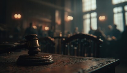 A gavel rests on a table in a dimly lit hall