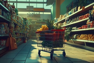 Vibrant Grocery Store Aisle with Shopping Cart Full of Fresh Produce Under Warm Natural Light Showcasing a Healthy Lifestyle and Consumer Choices