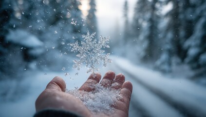 A hand holding a snowflake amidst falling snow