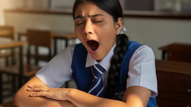 Cute Asian Indian high school girl in uniform wake up on her desk yawning before continue her study in classroom in education concept HD