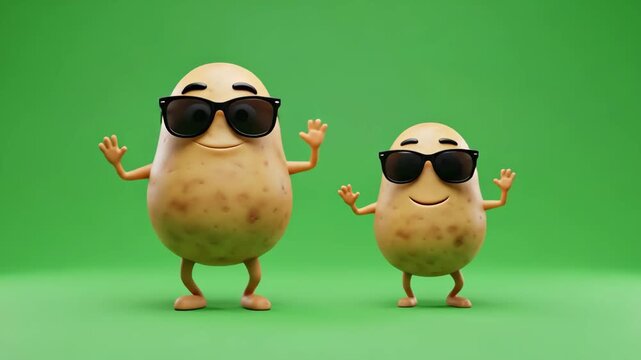 Funny Potato Characters Dancing - Two 3D cartoon potatoes wearing sunglasses playfully dance against a vibrant green screen.