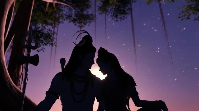 Lord shiva and goddess parvati silhouettes under ancient banyan tree symbolizing eternal love devotion and cosmic union at twilight