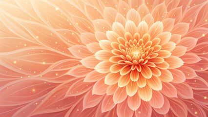 Luminous orange dahlia flower with radiating petals and sparkling light effects against soft peachy background, ethereal digital art style.