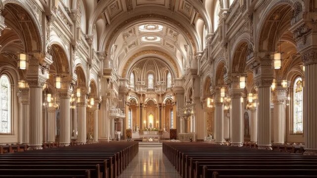 Interior view of a grand cathedral with pews and ornate architecture