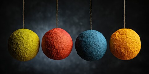 Four colorful spheres hanging from strings against a dark backdrop
