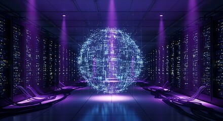 Futuristic Data Center with Glowing Sphere and Purple Lighting.