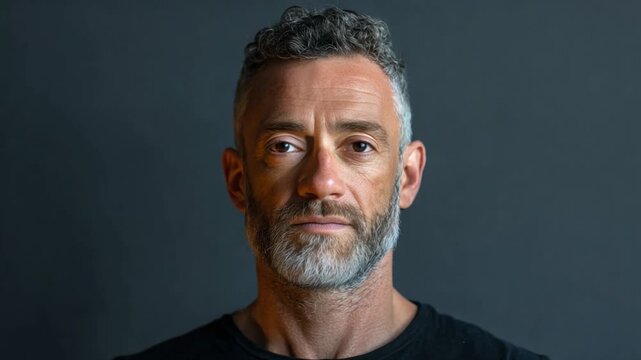 Mature Man's Focused Gaze: A close-up portrait of a middle-aged man with a grey beard and salt-and-pepper hair showcases his intense expression. Capturing depth and insight.