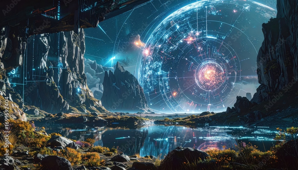 Poster a serene landscape of a futuristic alien world, featuring a massive, glowing orb surrounded by intri