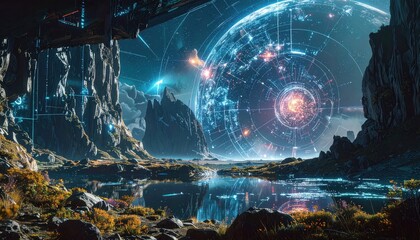 A serene landscape of a futuristic alien world, featuring a massive, glowing orb surrounded by intricate digital patterns reflected in a calm lake, evokes a sense of wonder and advanced technology.
