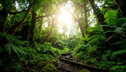 Lush rainforest path bathed in sunlight