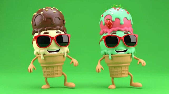 Funny Playful Ice Cream Cone Cartoon Characters - Two cheerful 3D cartoon ice cream cones, wearing sunglasses, playfully walk across a green screen.