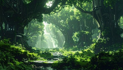 A lush, vibrant forest path lined with enormous trees, interwoven with futuristic metallic structures, bathed in sunlight.