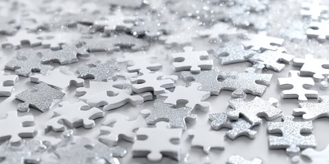 A close-up of many white jigsaw puzzle pieces scattered across a surface, embellished with silver glitter