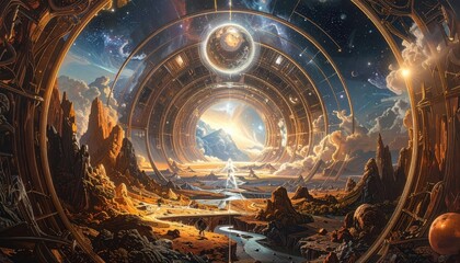 A vast, otherworldly tunnel reveals a breathtaking landscape of golden hills and flowing streams, framed by intricate, golden structures, bathed in the ethereal light of a distant sun.