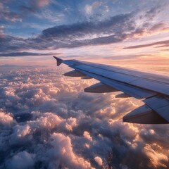 Fototapeta premium Spectacular Sunset View from Airplane Wing Above Cotton Candy Clouds
