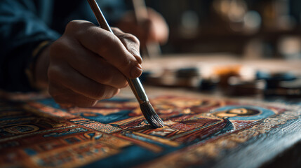 Obraz premium Artist painting intricate design on wood panel with fine brush 