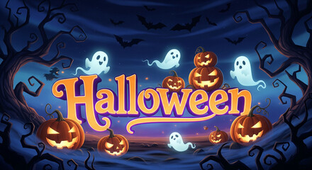 Halloween text with pumpkins and ghosts illustration