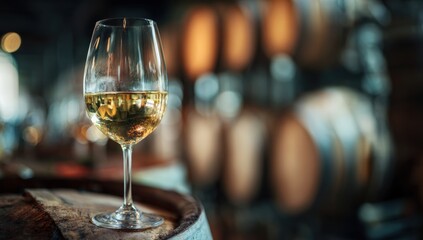 Wine glass on wooden barrel in a winery