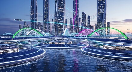 Futuristic Cityscape with Waterways and Flying Vehicles at Dusk.