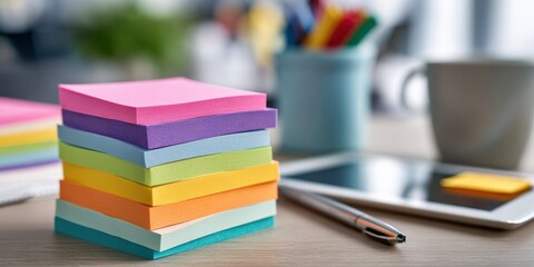 Colorful sticky notes stacked on a desk (2)