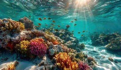 Fototapeta premium Vibrant coral reef teeming with fish underwater. Sunlight streams through the water (1)