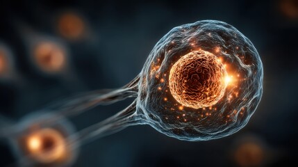 A digitally rendered image of a cell, showcasing its nucleus and cellular structure, highlighting the intricacies of biological life.