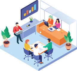 Isometric illustration of a busy office with employees working together at desks and in meeting areas.