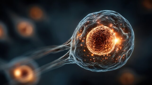 A digitally rendered image of a cell, showcasing its nucleus and cellular structure, highlighting the intricacies of biological life.