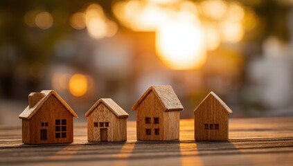Miniature wooden houses in a row, sunset background