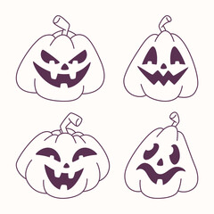 Halloween jack-o-lantern pumpkins outline set, spooky carved faces.