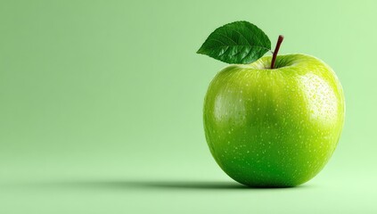 Single green apple with leaf on pale mint background