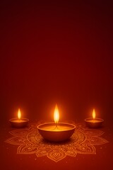 Vibrant Diwali celebration background with three glowing traditional diya lamps, intricate golden mandala, and rich red copy space