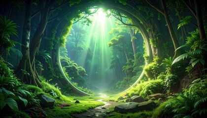 A vibrant, lush forest scene with a circular opening, bathed in sunlight.